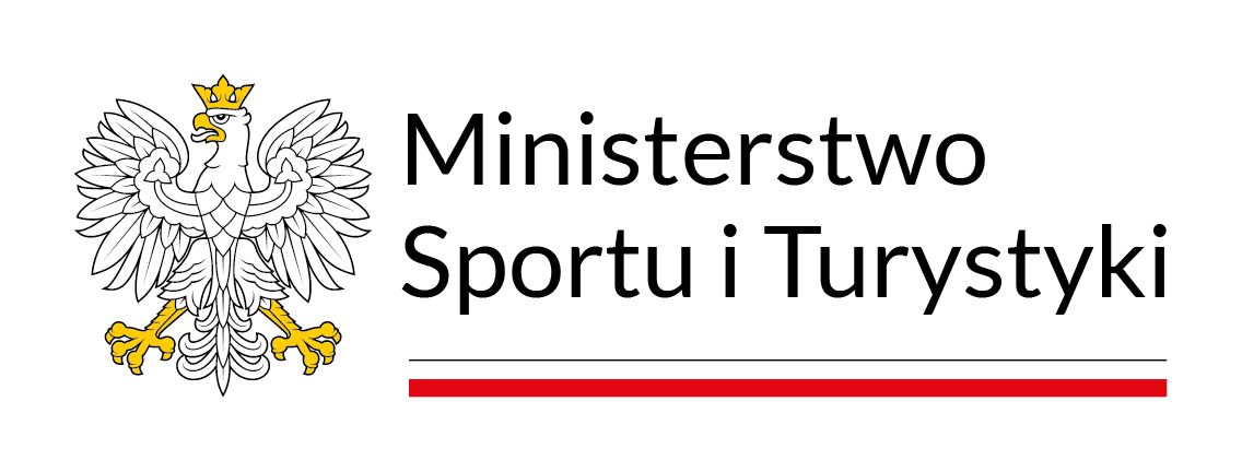Logotyp: z lewej biały orzeł dalej napis Ministerstwo Sportu i Turystyki, na dole biało-czerwona wstęga.